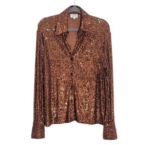 R.G. Kane Bronze Brown Sequin Button Up Blouse Size Small